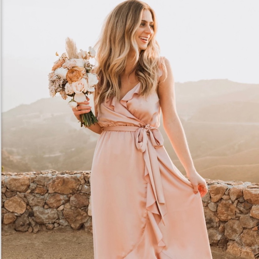 Samantha Ruffle Wrap Dress - Rose Gold Luxe Satin, Large (show me your mumu)